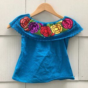 Handmade Girls Embroidered Mexican Blouse - Size 4 - Off the Shoulder Blouse